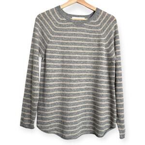 PLY Cashmere Gray and Tan Striped 100% Cashmere Raglan Pullover Women's Size PM